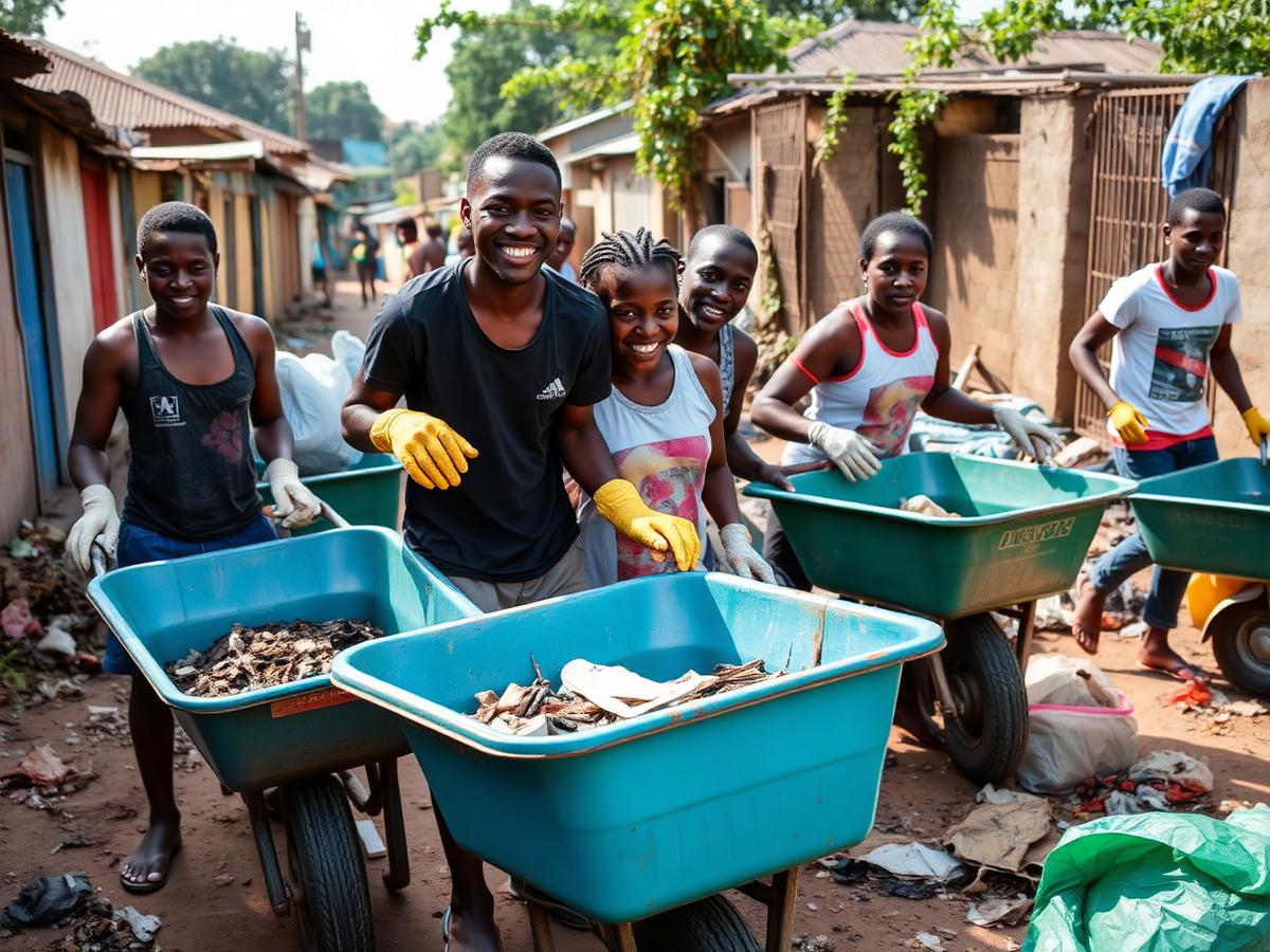 Jeunes engagés dans une campagne de salubrité de quartier à Kinshasa